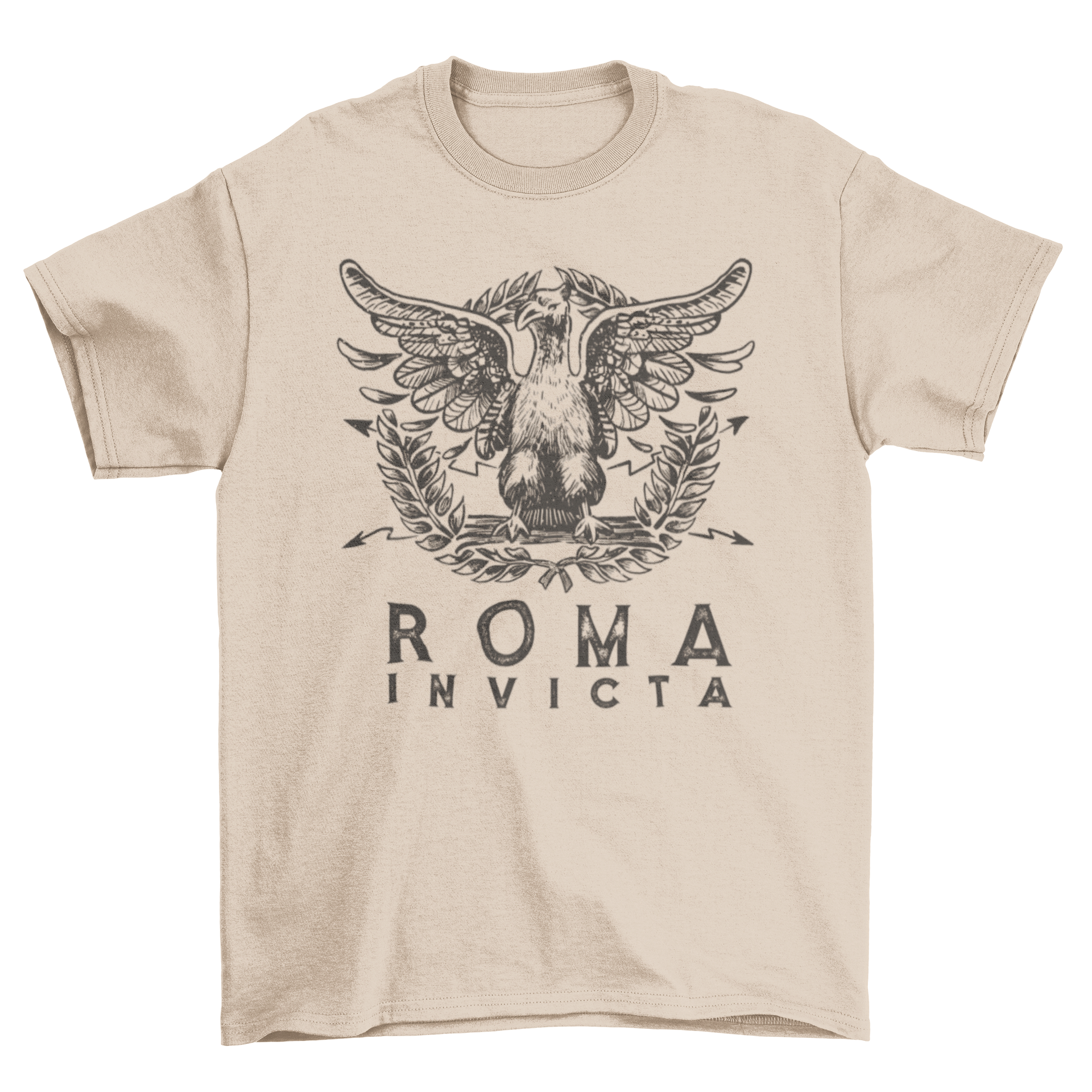 Roma invicta t-shirt featuring the Holy Roman shield and the quote 'Roma invicta' in bold lettering.
