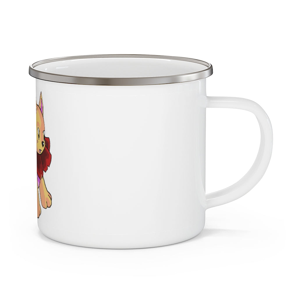 Rositty Enamel Camping Mug in a natural outdoor setting, showcasing its durable design and customizable print options.