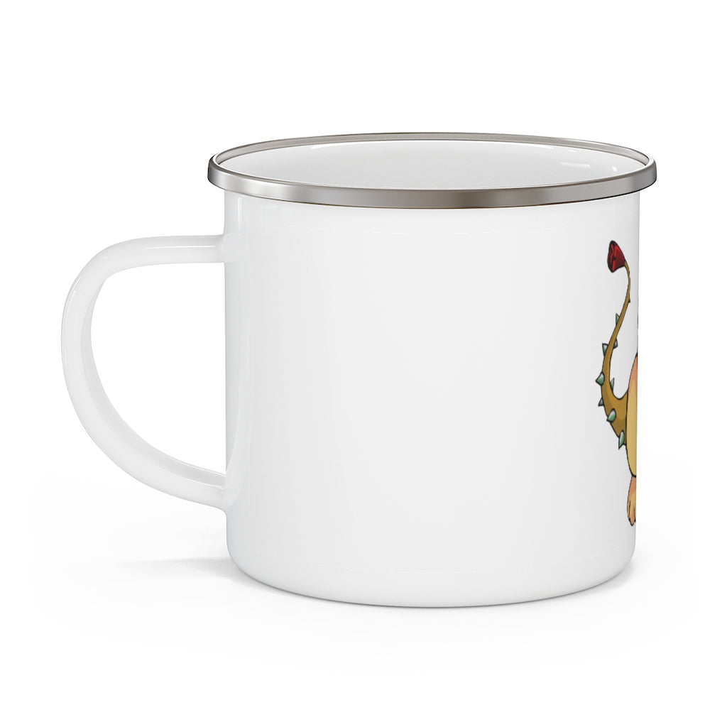 Rositty Enamel Camping Mug in a natural outdoor setting, showcasing its durable design and customizable print options.