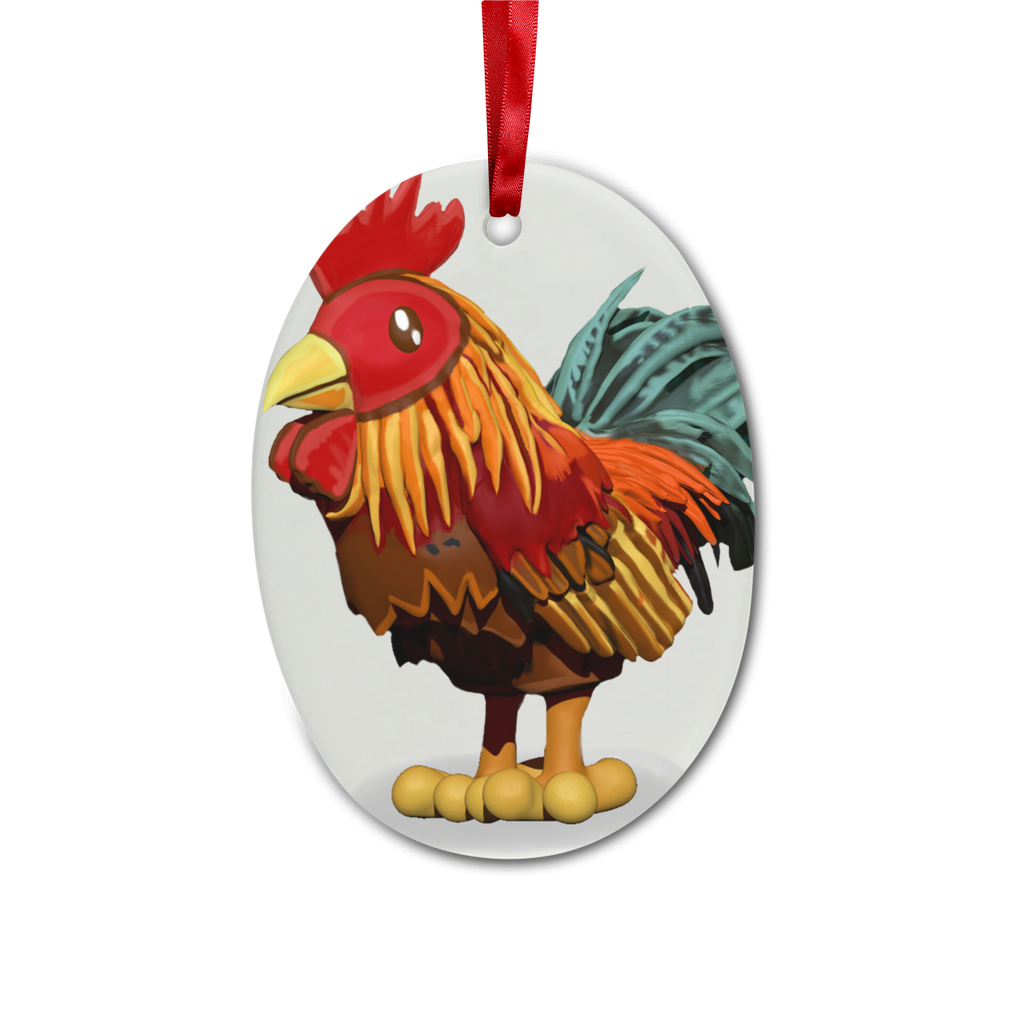 A beautifully crafted Rooster Ceramic Hanging Ornament with a red ribbon and gold string, perfect for Christmas decoration.