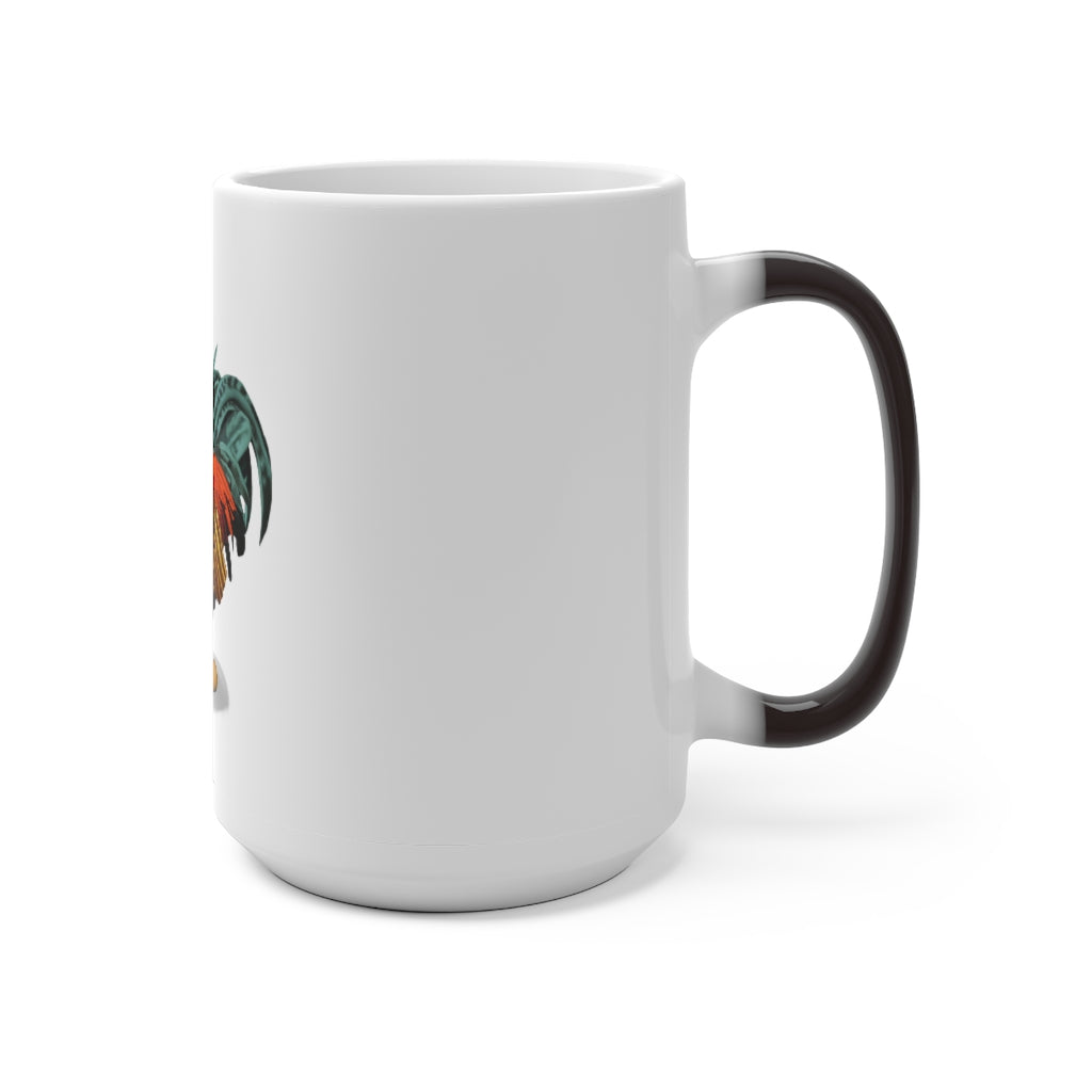 A white ceramic Rooster Color Changing Mug displaying vibrant colors as it changes when filled with hot liquid.