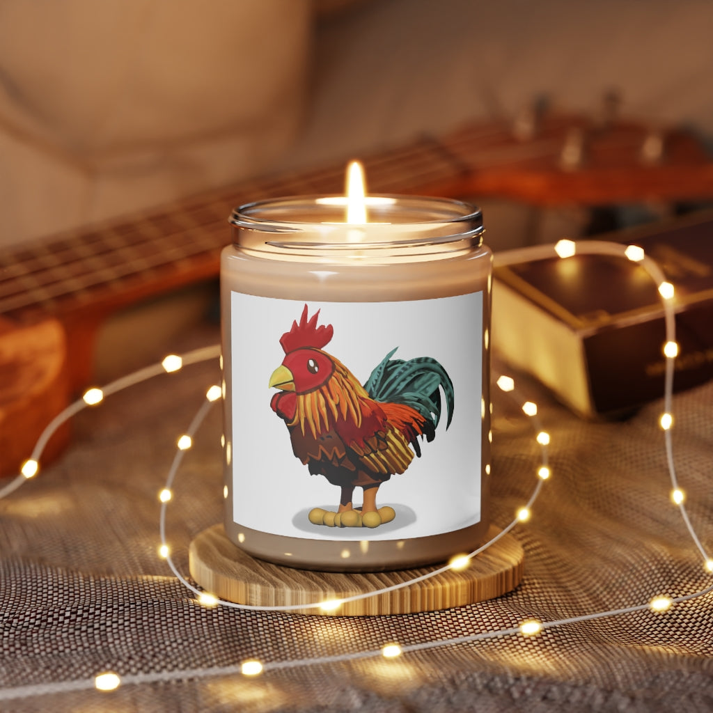 Rooster Scented Candle in a glass container, featuring a warm Cinnamon Stick and Vanilla fragrance, hand-poured with vegan soy coconut wax.