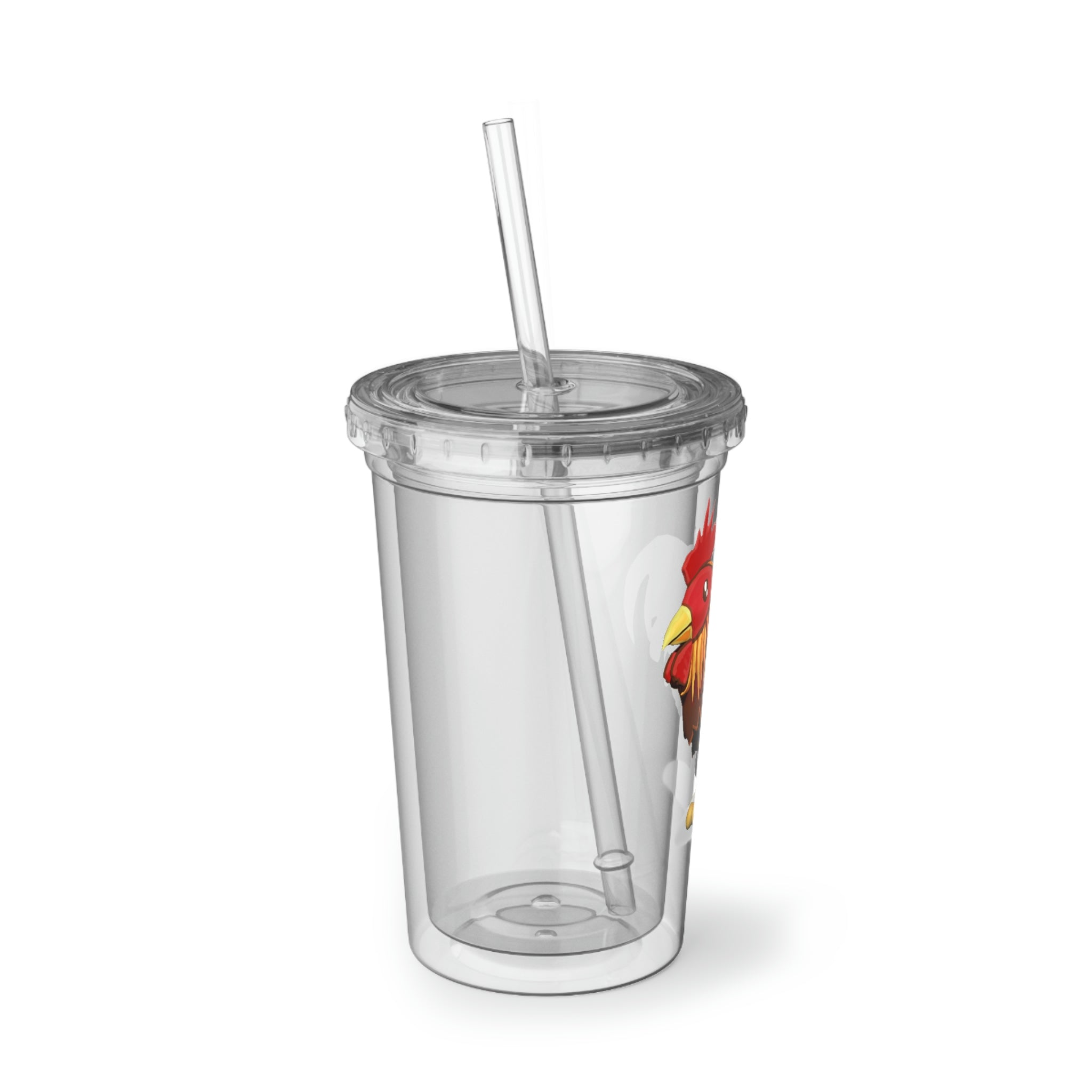 Rooster Suave Acrylic Cup with double-wall insulation, featuring a plastic lid and straw, perfect for hot and cold beverages.