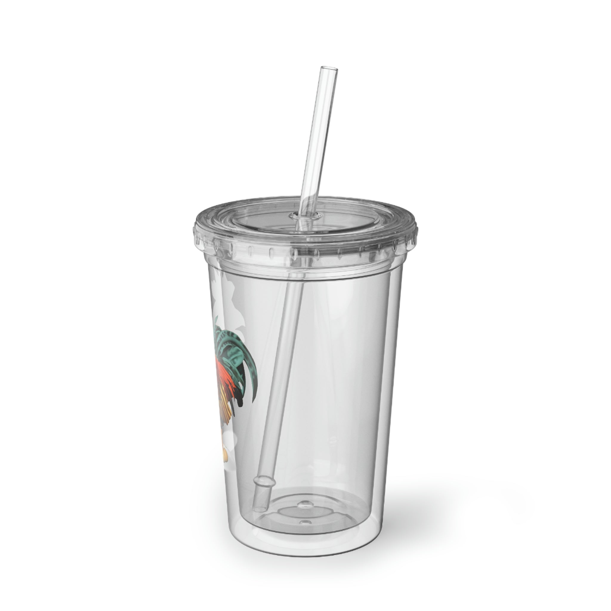 Rooster Suave Acrylic Cup with double-wall insulation, featuring a plastic lid and straw, perfect for hot and cold beverages.