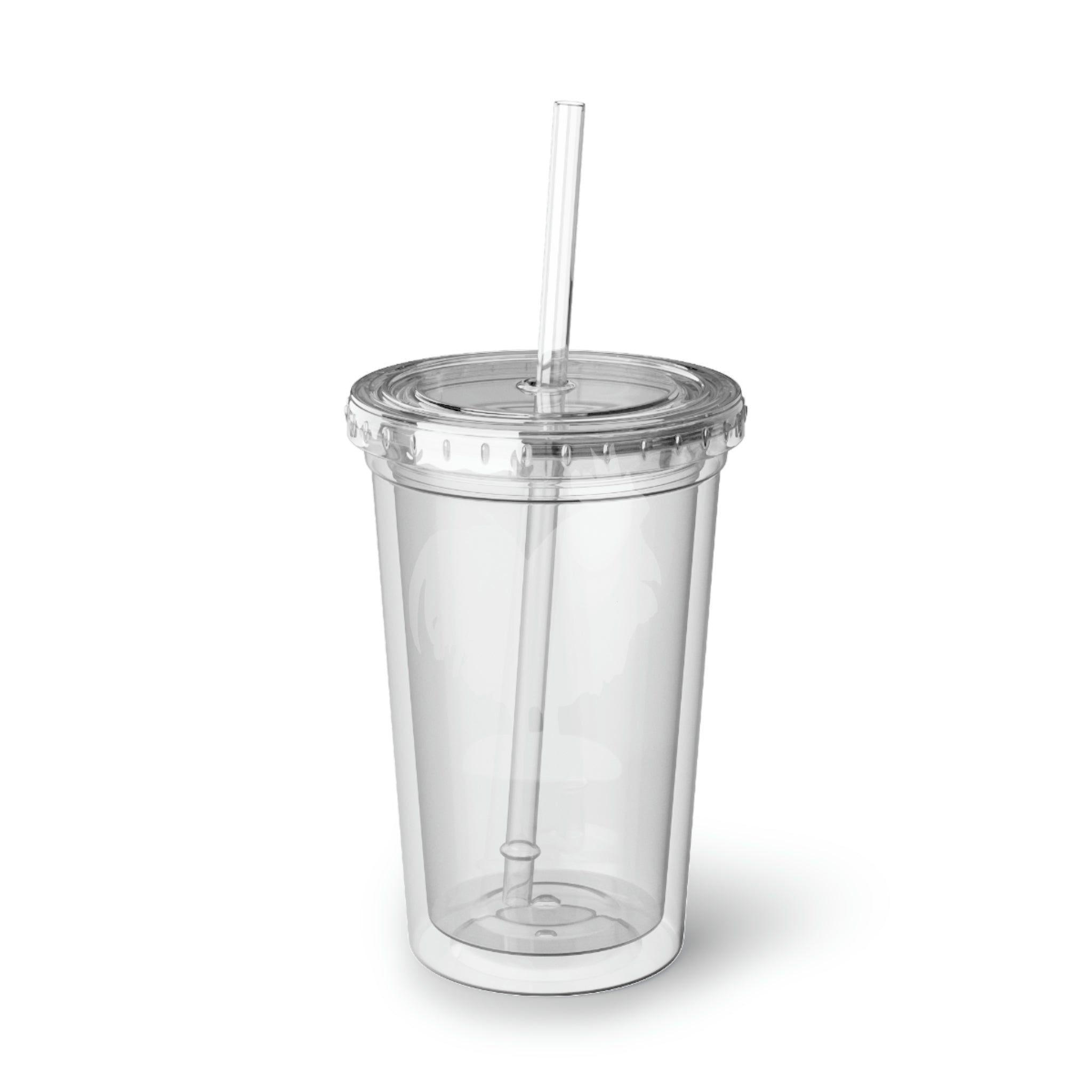 Rooster Suave Acrylic Cup with double-wall insulation, featuring a plastic lid and straw, perfect for hot and cold beverages.