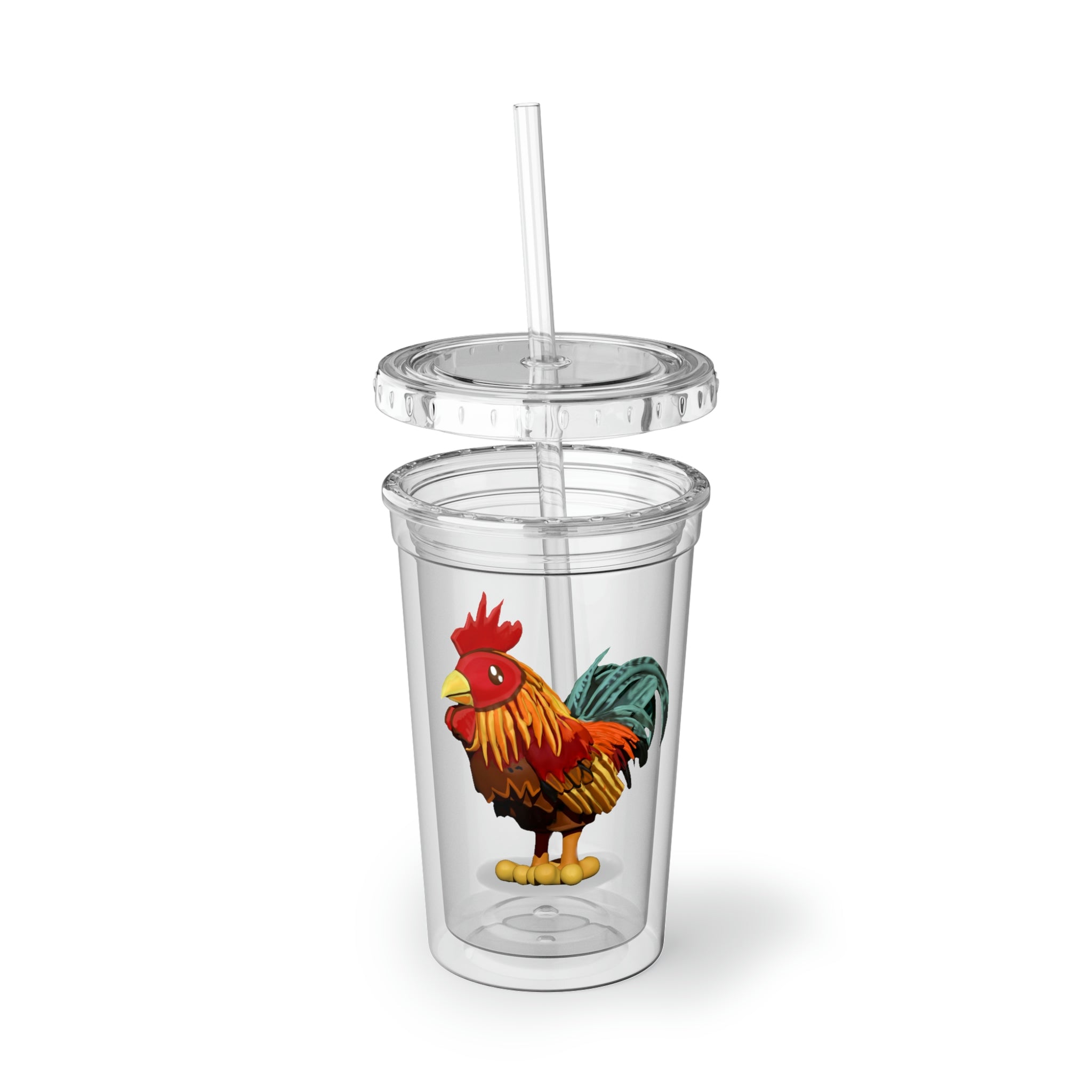 Rooster Suave Acrylic Cup with double-wall insulation, featuring a plastic lid and straw, perfect for hot and cold beverages.