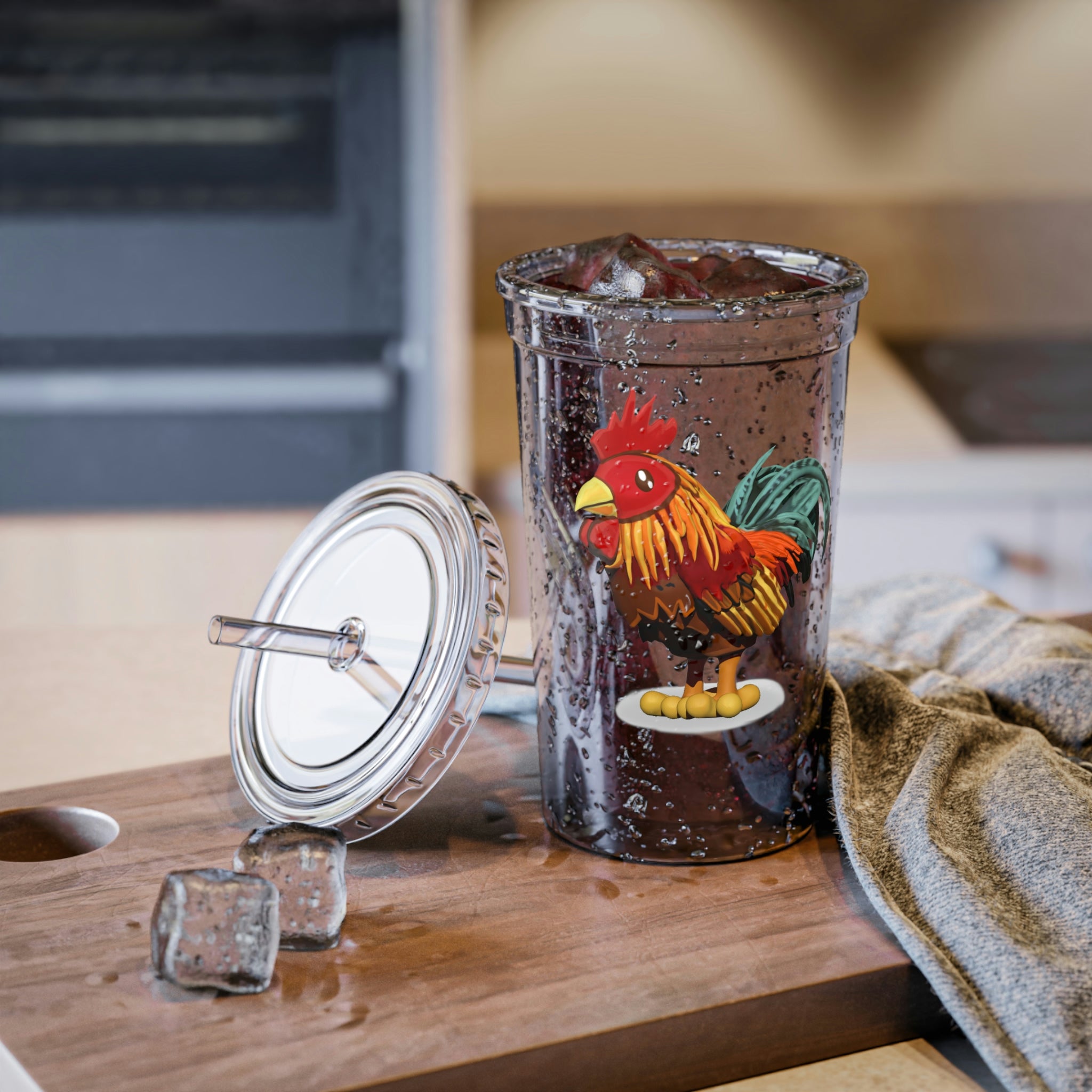 Rooster Suave Acrylic Cup with double-wall insulation, featuring a plastic lid and straw, perfect for hot and cold beverages.