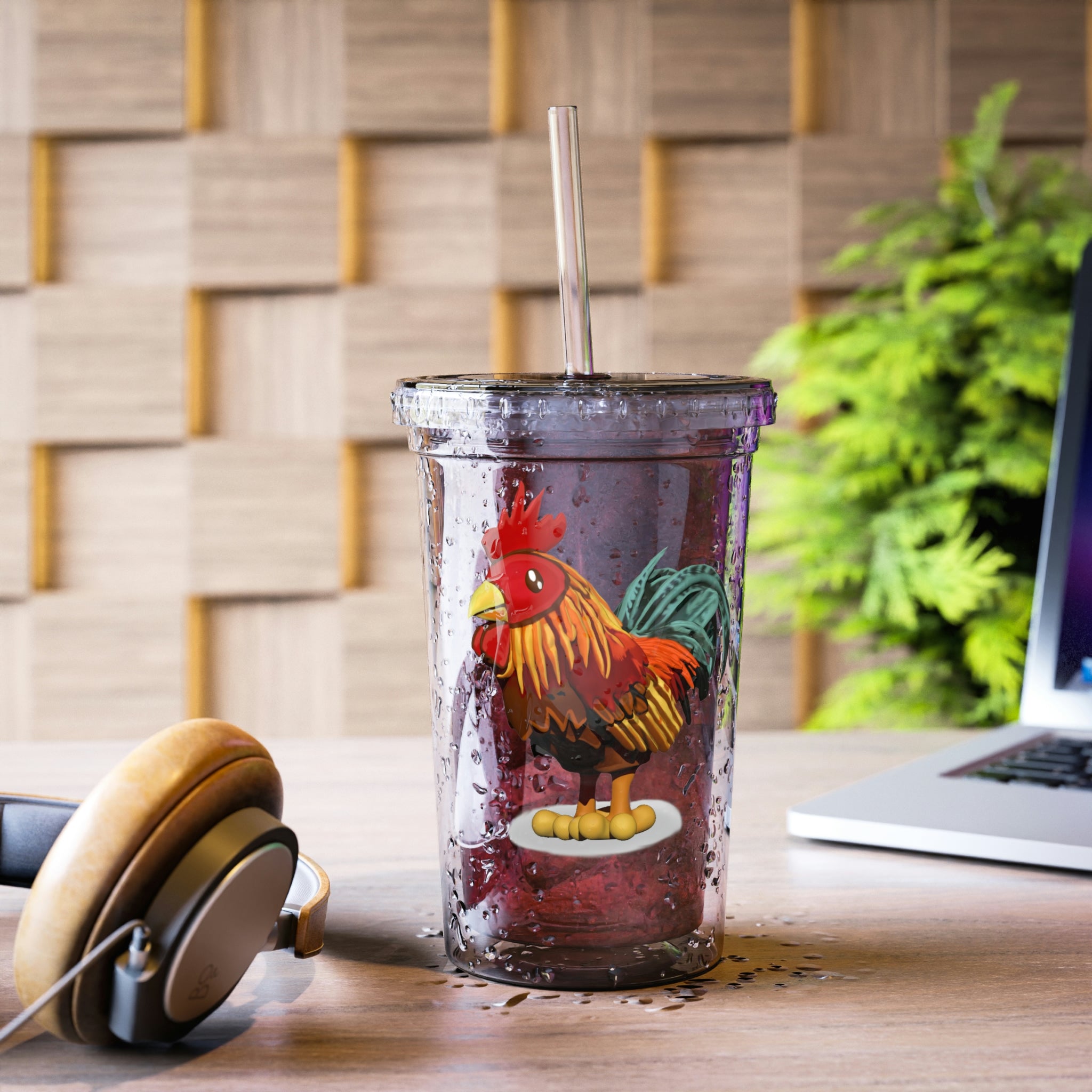 Rooster Suave Acrylic Cup with double-wall insulation, featuring a plastic lid and straw, perfect for hot and cold beverages.