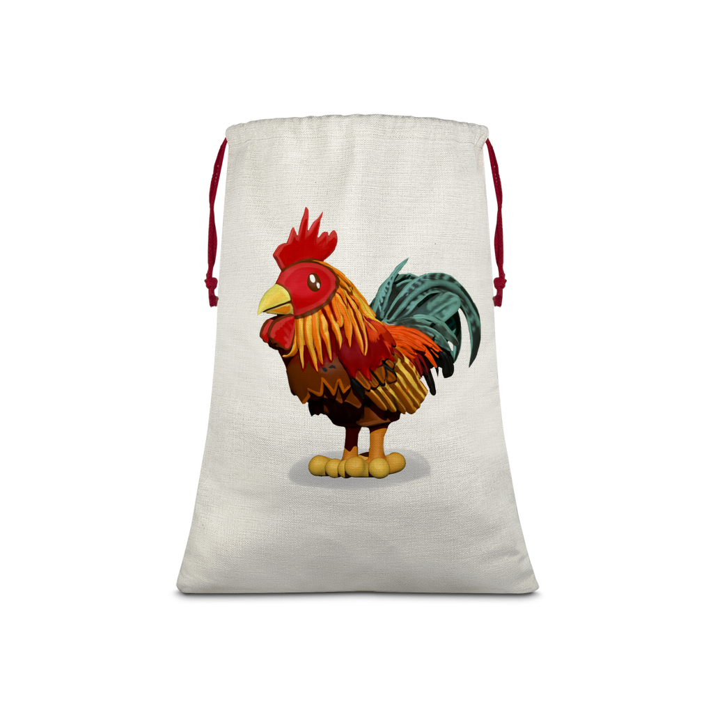 Rooster Sublimation Linen Drawstring Sack with red drawstring, showcasing eco-friendly printing and linen texture.