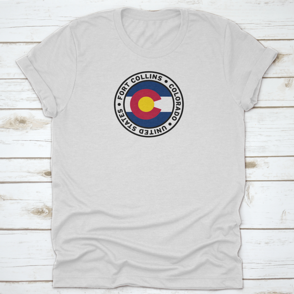 Round Fort Collins Colorado United States Flag Clipart Vector Shirt displayed on a mannequin, showcasing its vibrant design and comfortable fit.