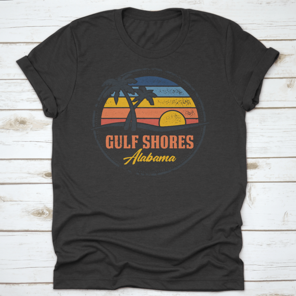 Round logo illustration featuring Gulf Shores, Alabama beach with a vibrant sunset line, showcasing the beauty of coastal living.
