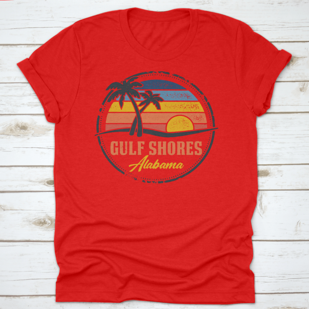 Round logo illustration featuring Gulf Shores, Alabama beach with a vibrant sunset line, showcasing the beauty of coastal living.
