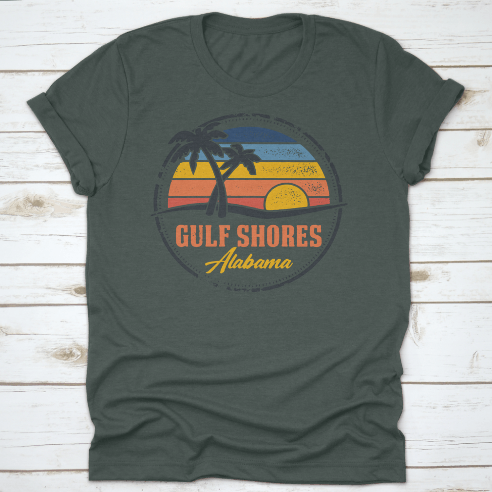 Round logo illustration featuring Gulf Shores, Alabama beach with a vibrant sunset line, showcasing the beauty of coastal living.