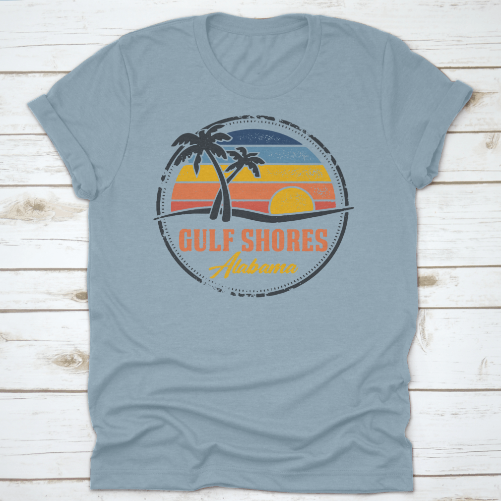 Round logo illustration featuring Gulf Shores, Alabama beach with a vibrant sunset line, showcasing the beauty of coastal living.