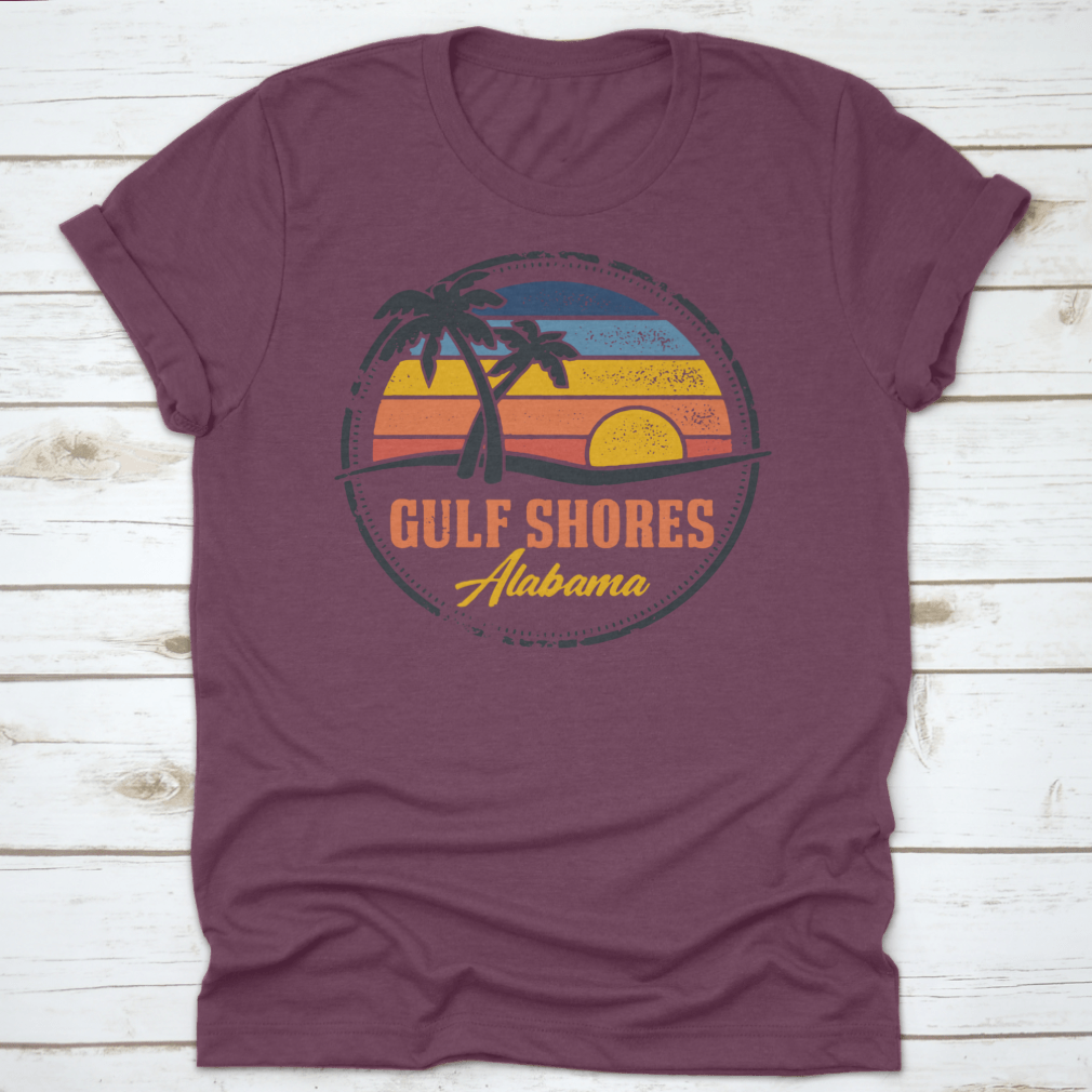 Round logo illustration featuring Gulf Shores, Alabama beach with a vibrant sunset line, showcasing the beauty of coastal living.
