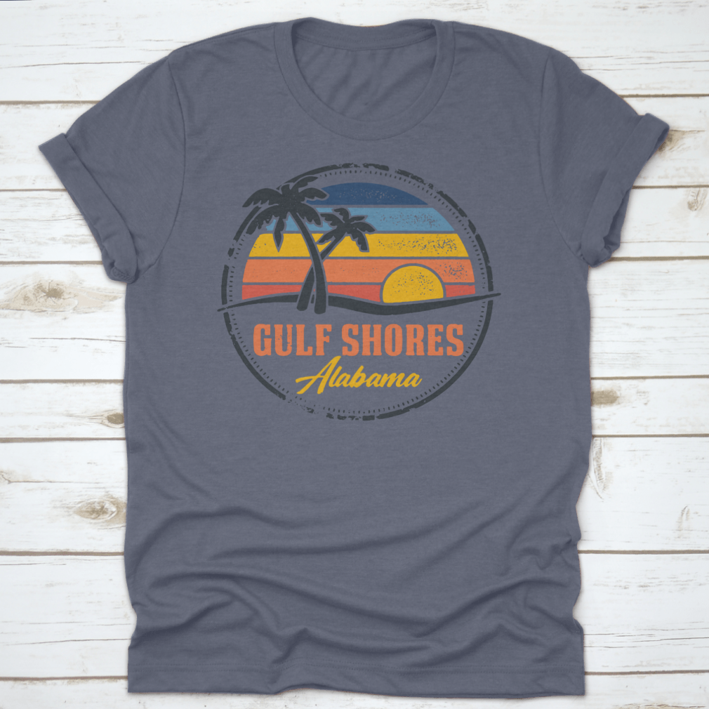 Round logo illustration featuring Gulf Shores, Alabama beach with a vibrant sunset line, showcasing the beauty of coastal living.