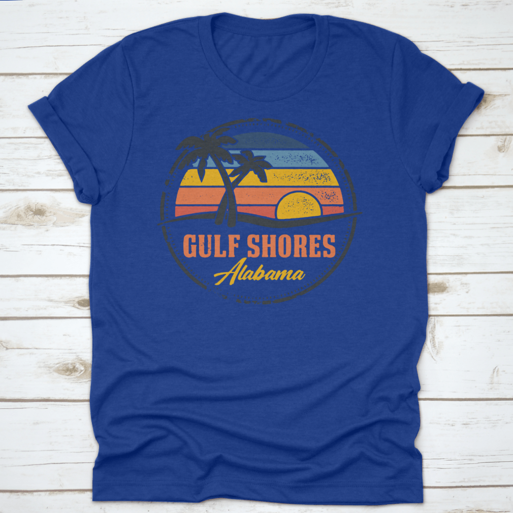 Round logo illustration featuring Gulf Shores, Alabama beach with a vibrant sunset line, showcasing the beauty of coastal living.