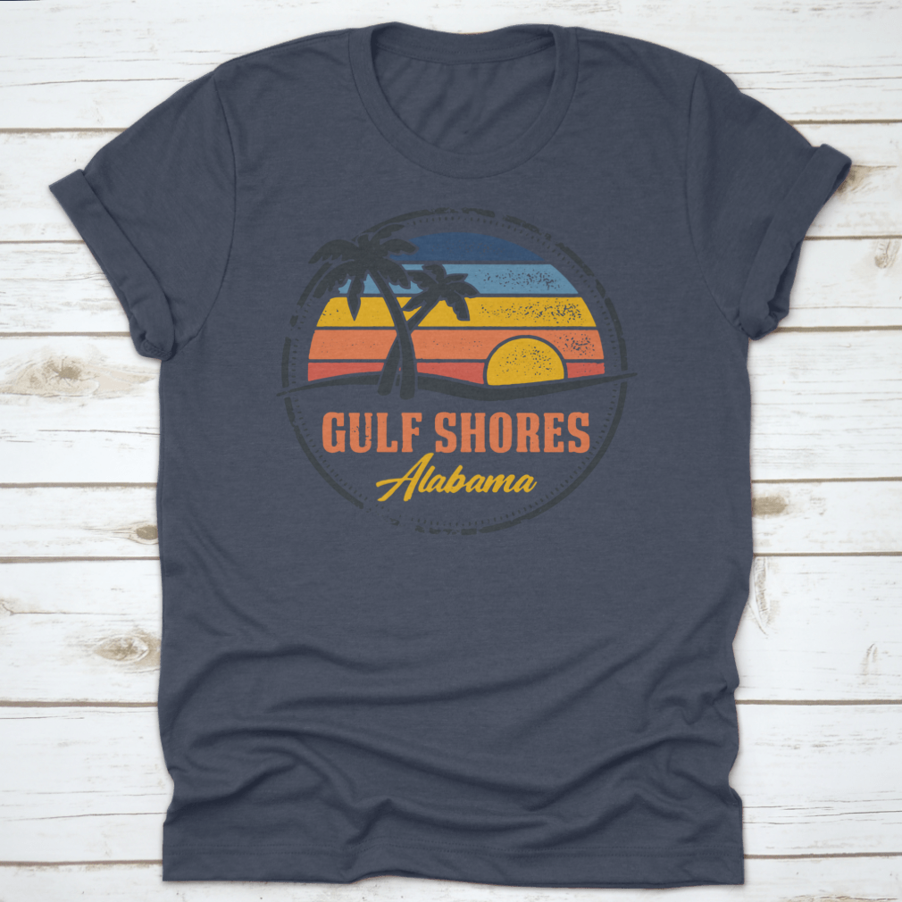 Round logo illustration featuring Gulf Shores, Alabama beach with a vibrant sunset line, showcasing the beauty of coastal living.