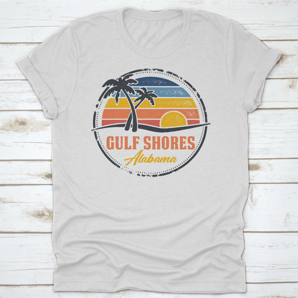 Round logo illustration featuring Gulf Shores, Alabama beach with a vibrant sunset line, showcasing the beauty of coastal living.
