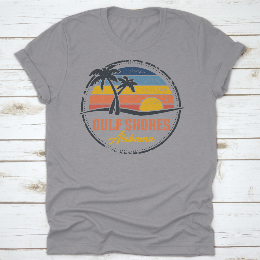 Round logo illustration featuring Gulf Shores, Alabama beach with a vibrant sunset line, showcasing the beauty of coastal living.