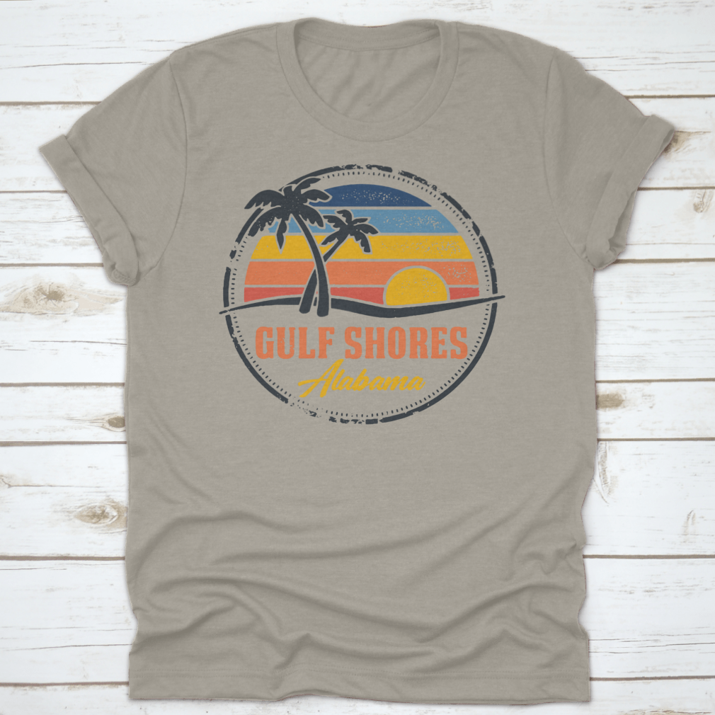 Round logo illustration featuring Gulf Shores, Alabama beach with a vibrant sunset line, showcasing the beauty of coastal living.