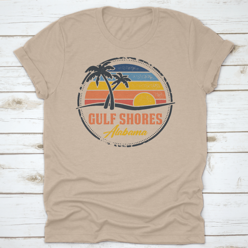Round logo illustration featuring Gulf Shores, Alabama beach with a vibrant sunset line, showcasing the beauty of coastal living.