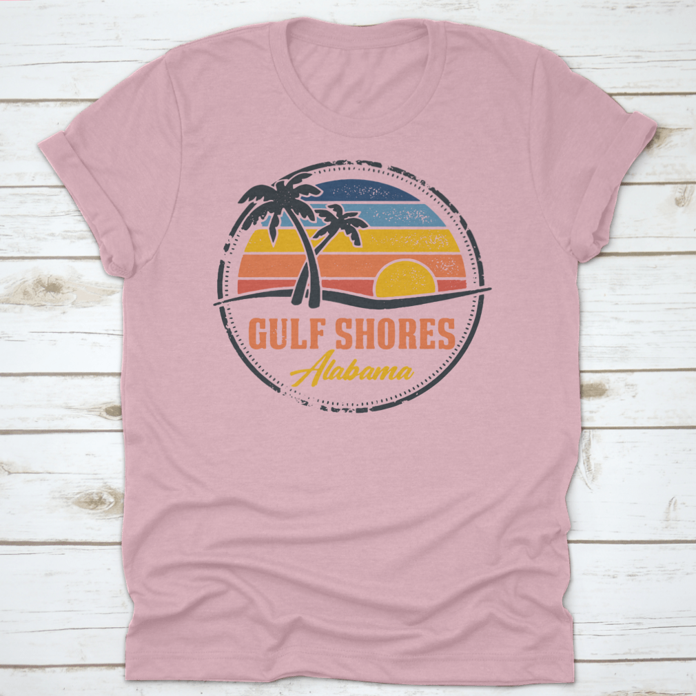 Round logo illustration featuring Gulf Shores, Alabama beach with a vibrant sunset line, showcasing the beauty of coastal living.