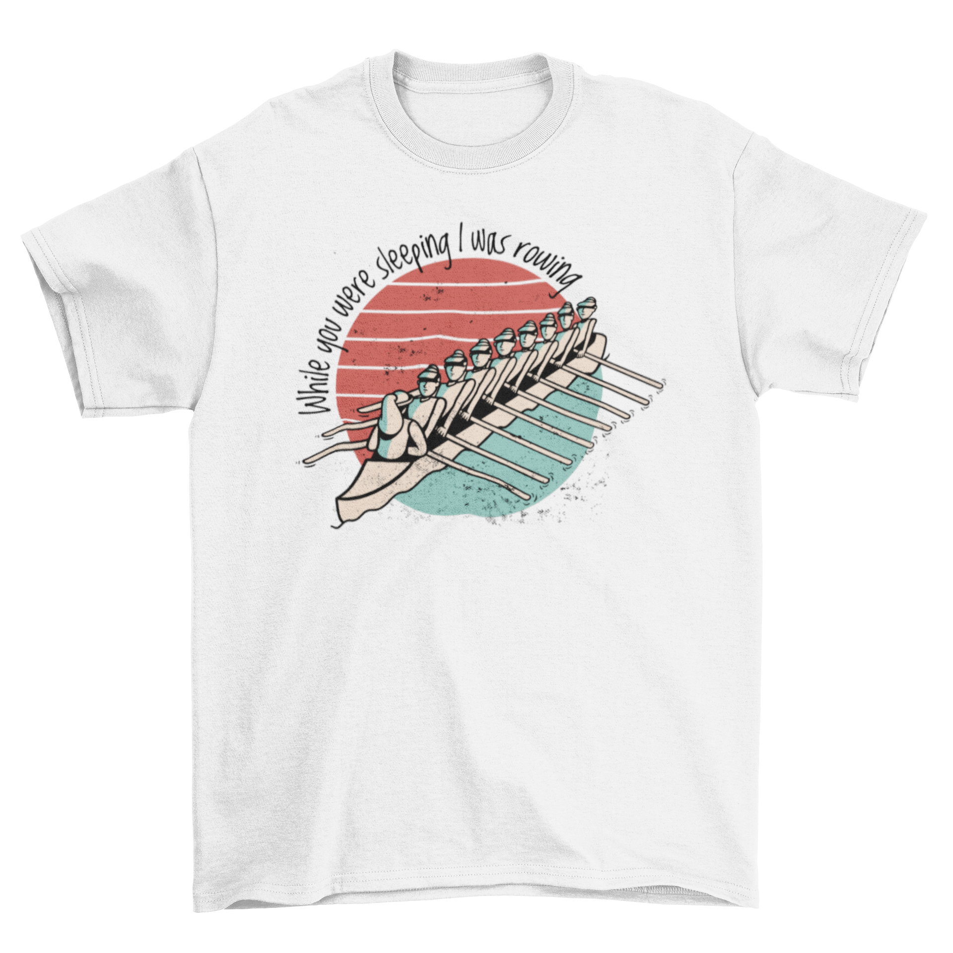 Rowing Quote T-shirt featuring a retro sunset illustration and motivational quote.