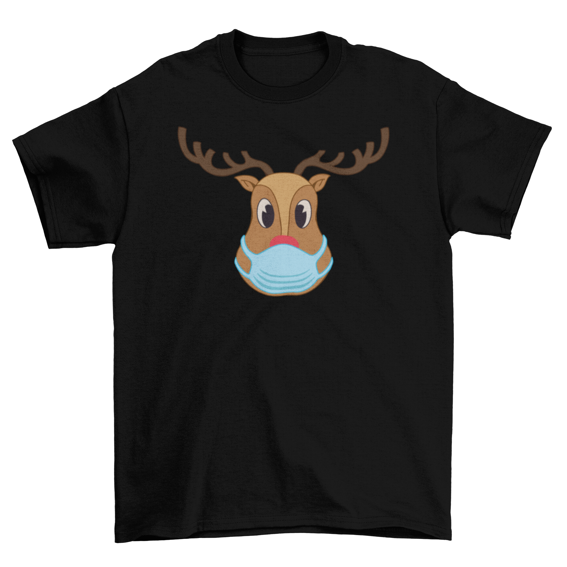 Rudolph the red-nosed reindeer wearing a colorful face mask on a festive t-shirt.