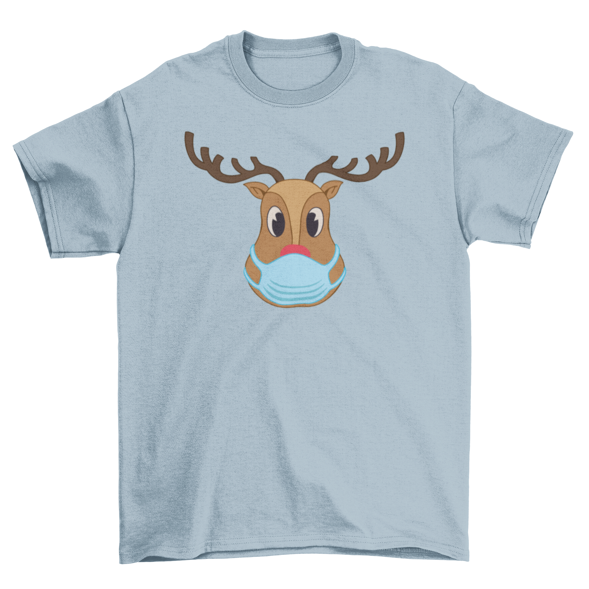Rudolph the red-nosed reindeer wearing a colorful face mask on a festive t-shirt.