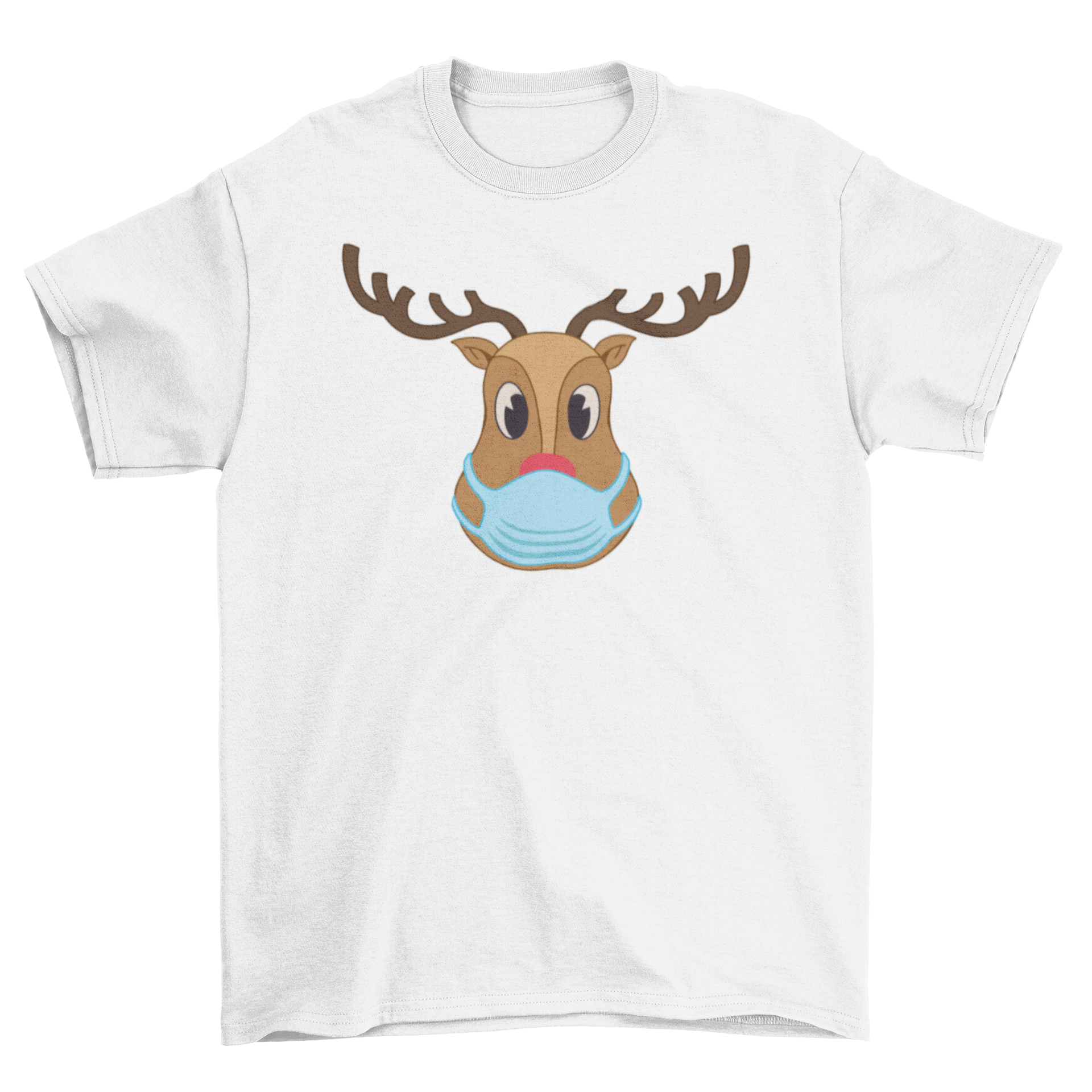 Rudolph the red-nosed reindeer wearing a colorful face mask on a festive t-shirt.