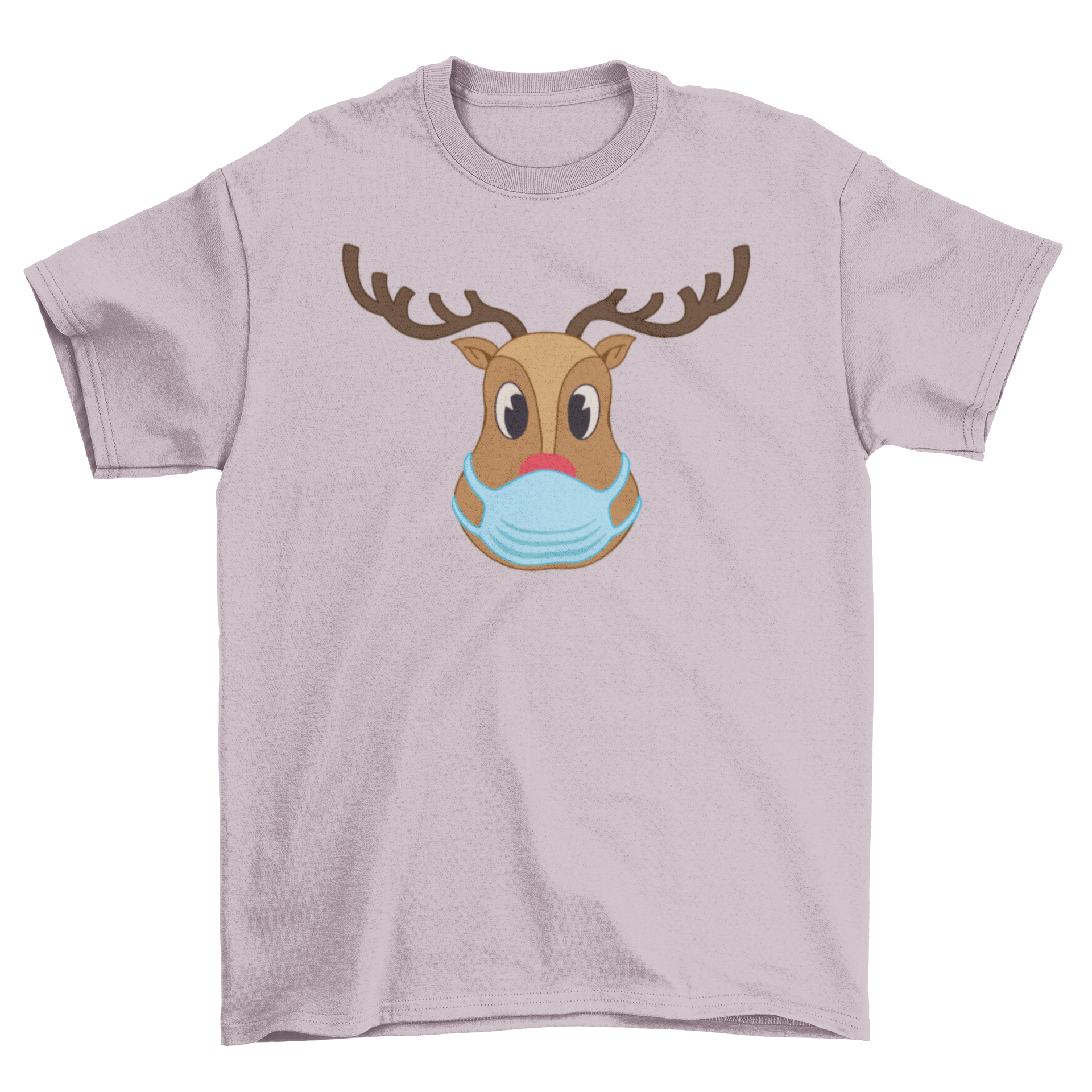 Rudolph the red-nosed reindeer wearing a colorful face mask on a festive t-shirt.