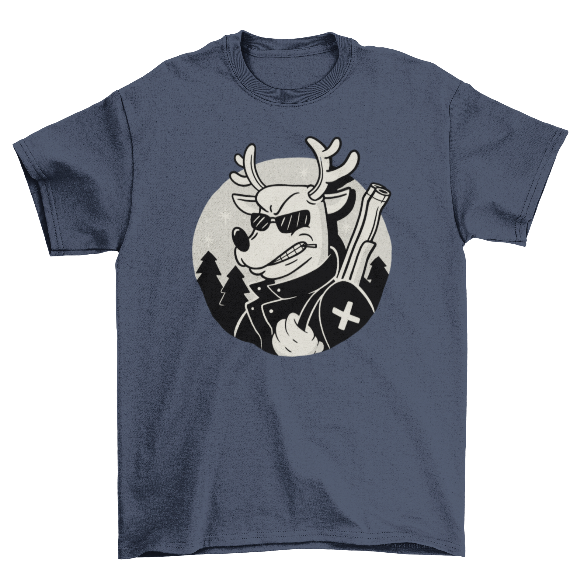Rudolph the red-nosed reindeer t-shirt featuring sunglasses and a shotgun illustration, perfect for holiday wear.