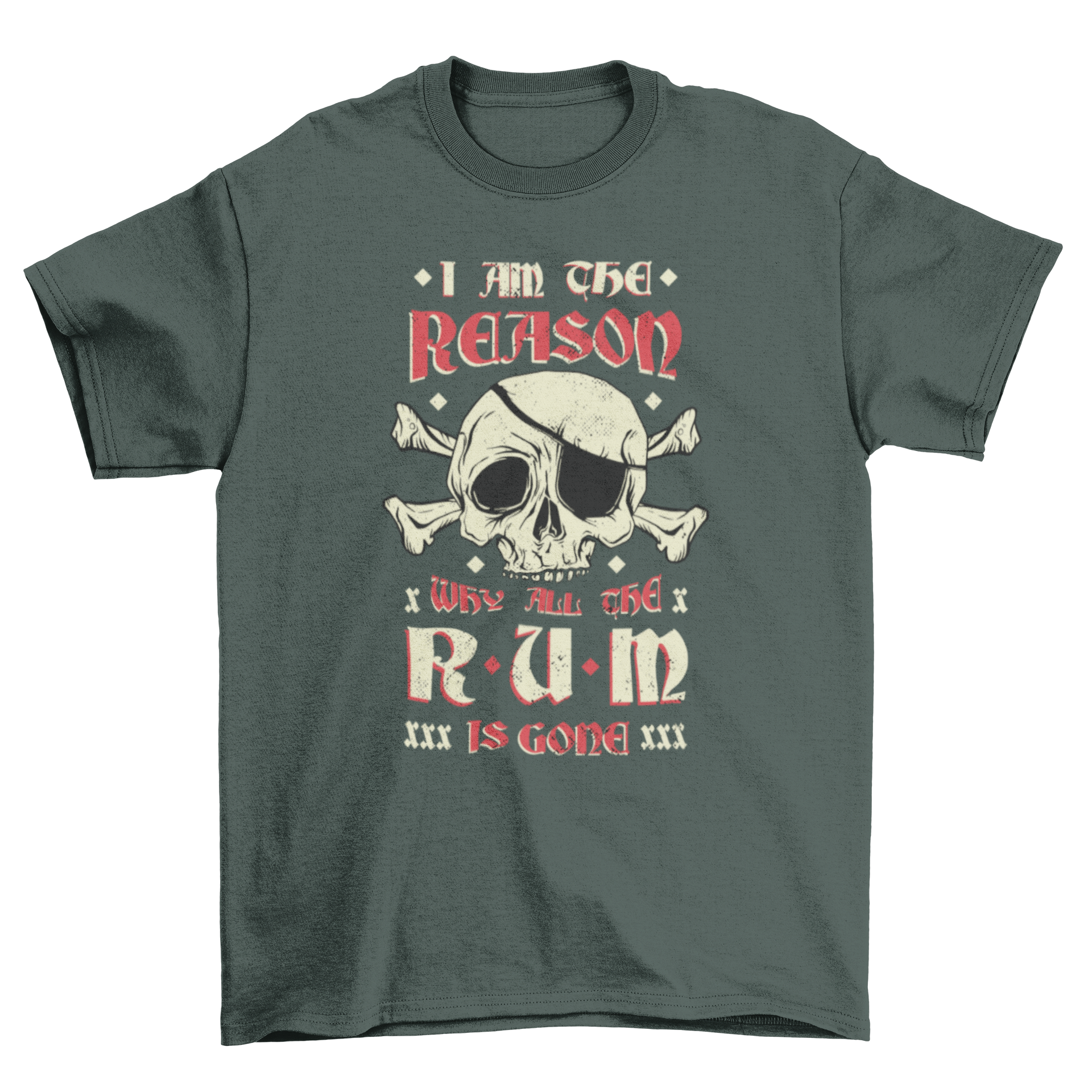 Rum pirate t-shirt featuring a detailed skull design and humorous quote about rum.