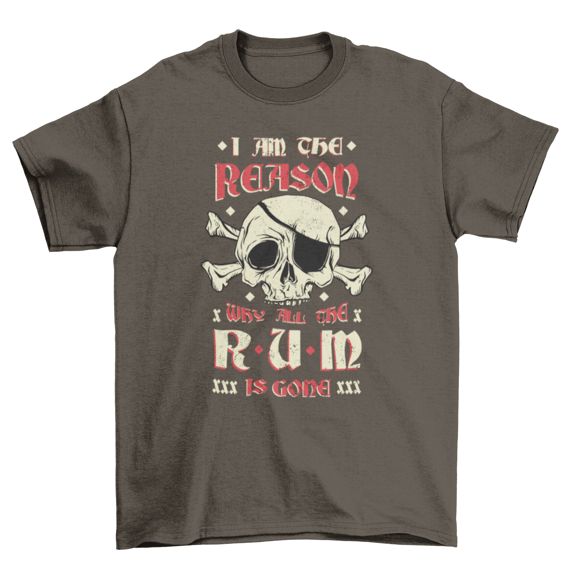 Rum pirate t-shirt featuring a detailed skull design and humorous quote about rum.