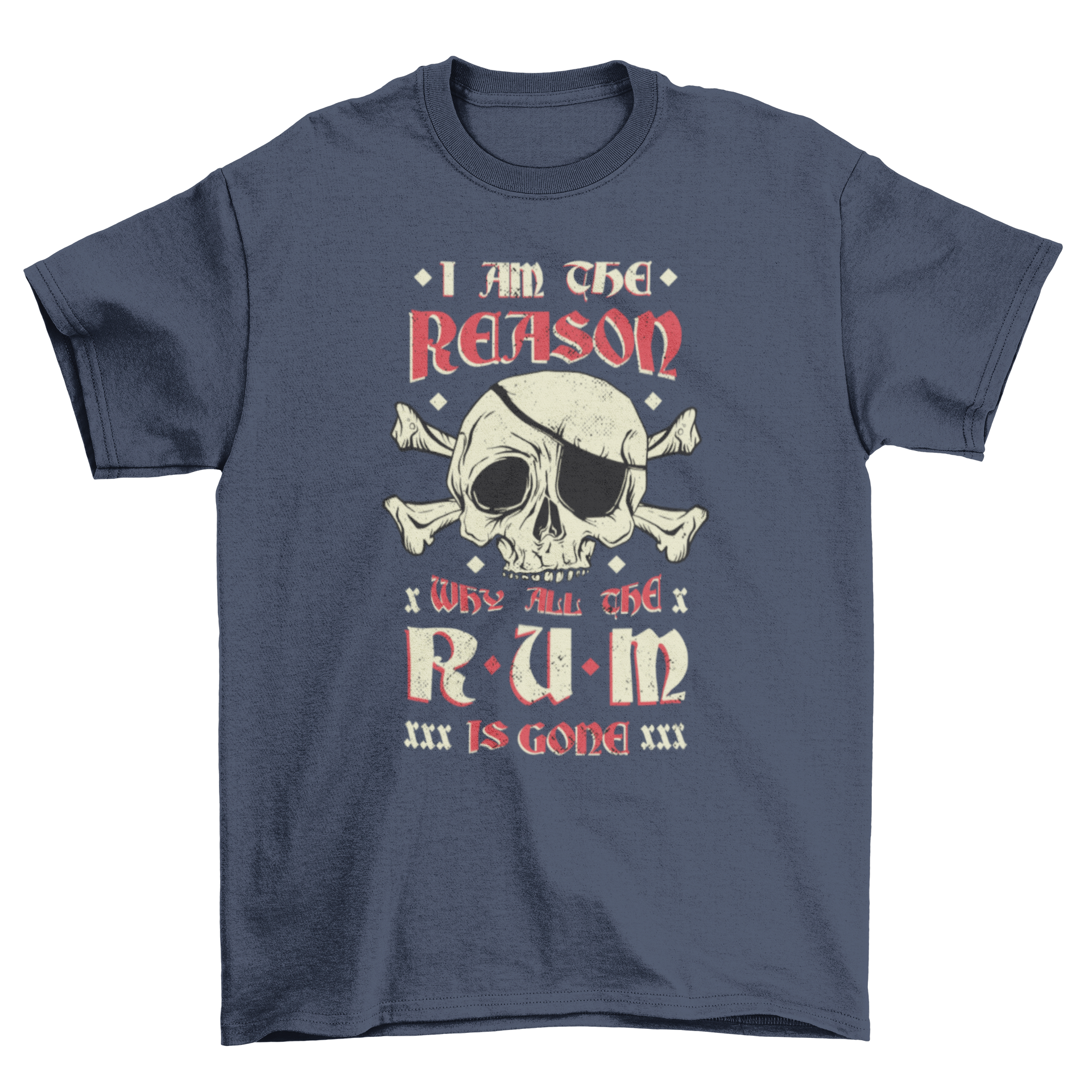 Rum pirate t-shirt featuring a detailed skull design and humorous quote about rum.