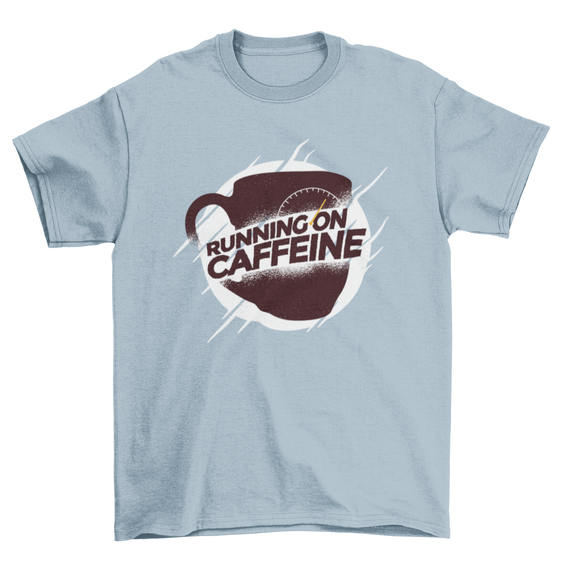 A stylish t-shirt featuring the phrase 'Running on Caffeine' with a coffee-themed design, perfect for coffee lovers and fitness enthusiasts.