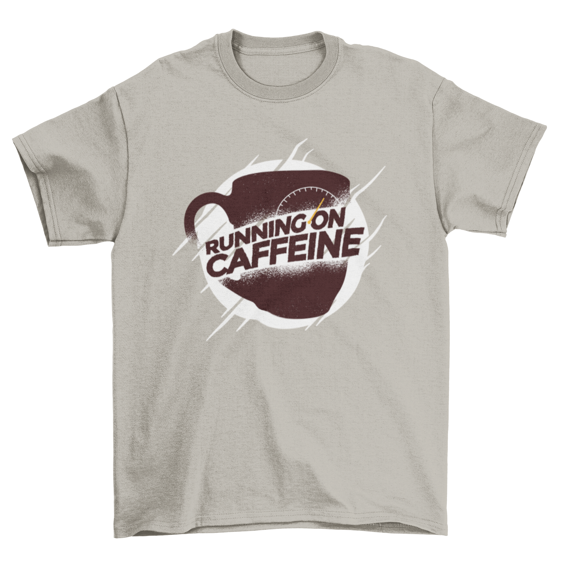 A stylish t-shirt featuring the phrase 'Running on Caffeine' with a coffee-themed design, perfect for coffee lovers and fitness enthusiasts.