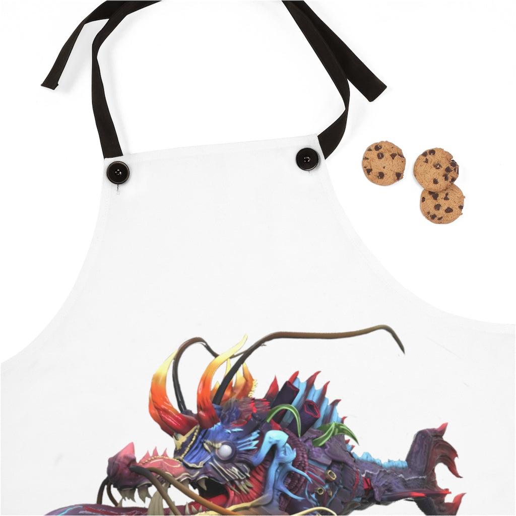 Ryuuk the Fish Dragon God Apron featuring a vibrant design, lightweight polyester fabric, and black detachable twill straps.