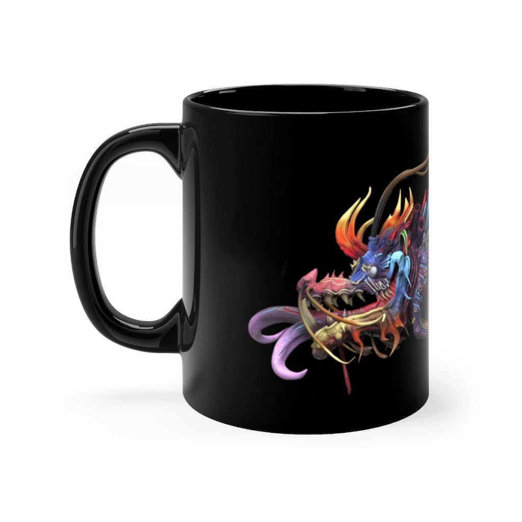 Ryuuk the Fish Dragon God black mug with intricate dragon design, showcasing full-wrap decoration and durable ceramic material.
