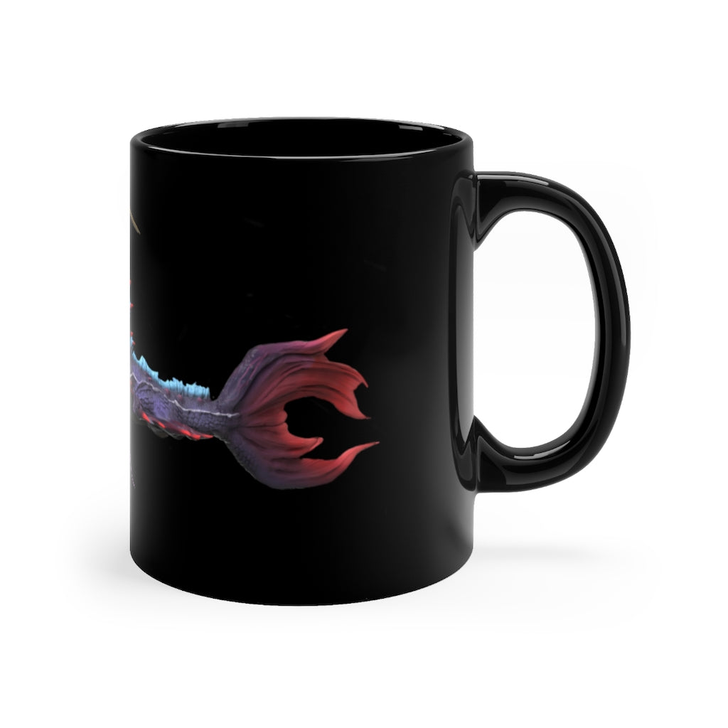 Ryuuk the Fish Dragon God black mug with intricate dragon design, showcasing full-wrap decoration and durable ceramic material.