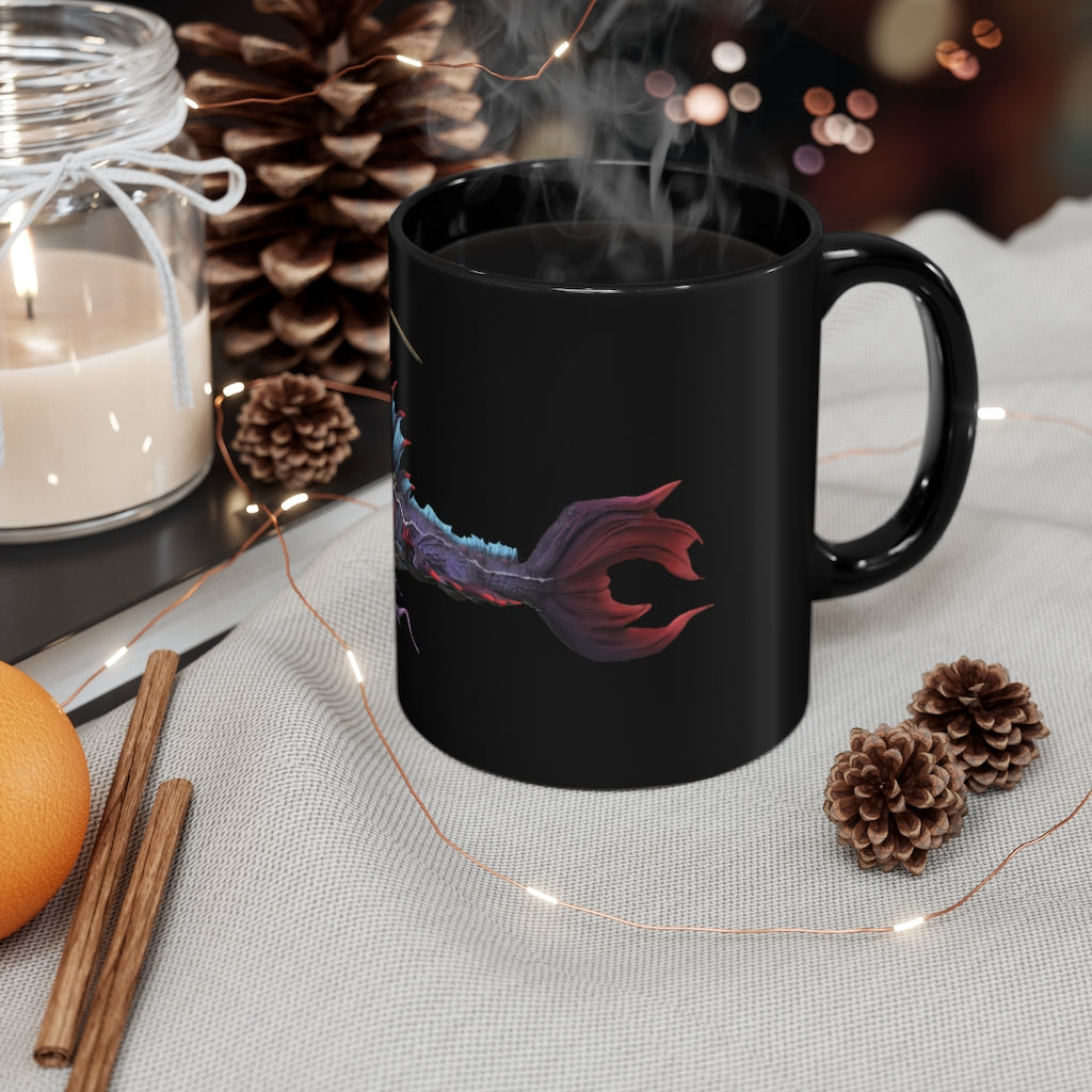 Ryuuk the Fish Dragon God black mug with intricate dragon design, showcasing full-wrap decoration and durable ceramic material.