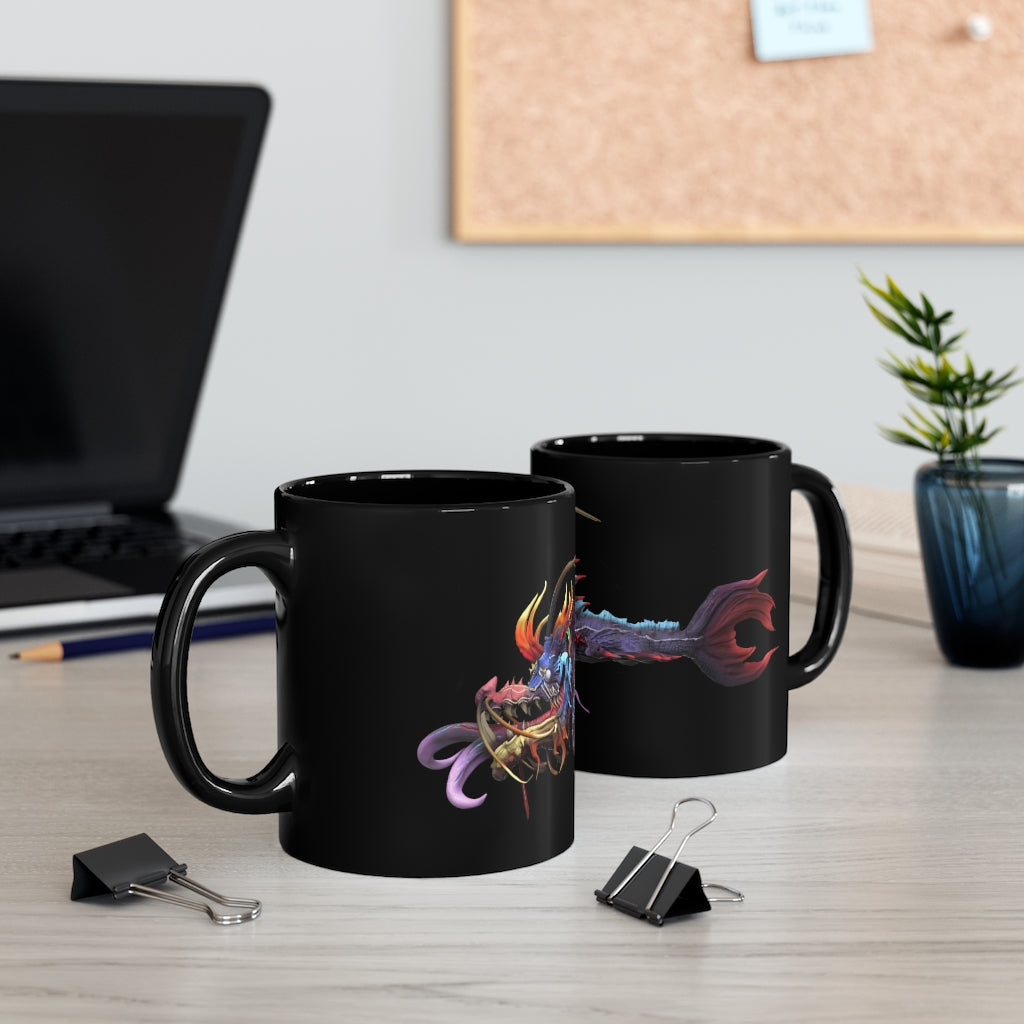Ryuuk the Fish Dragon God black mug with intricate dragon design, showcasing full-wrap decoration and durable ceramic material.
