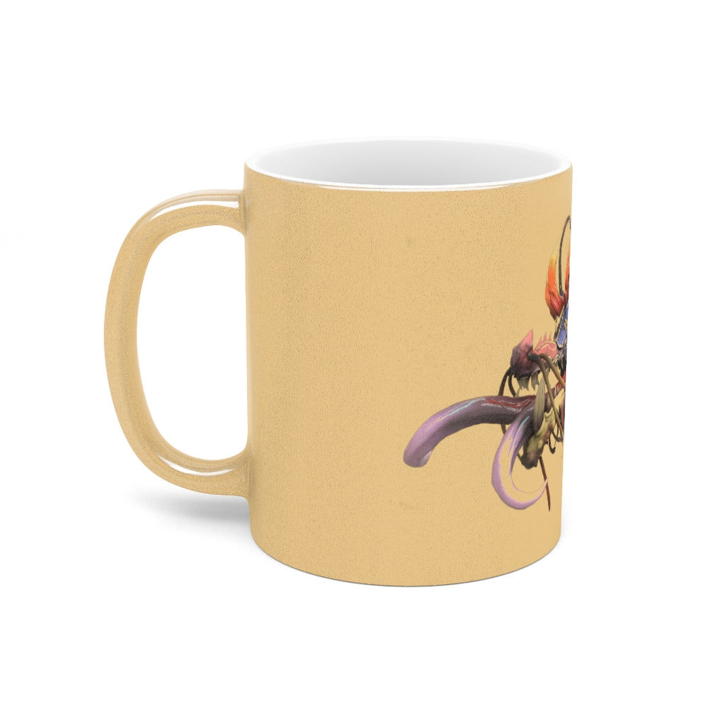 Ryuuk the Fish Dragon God Metallic Mug in Silver and Gold, showcasing a personalized design with a C-handle.