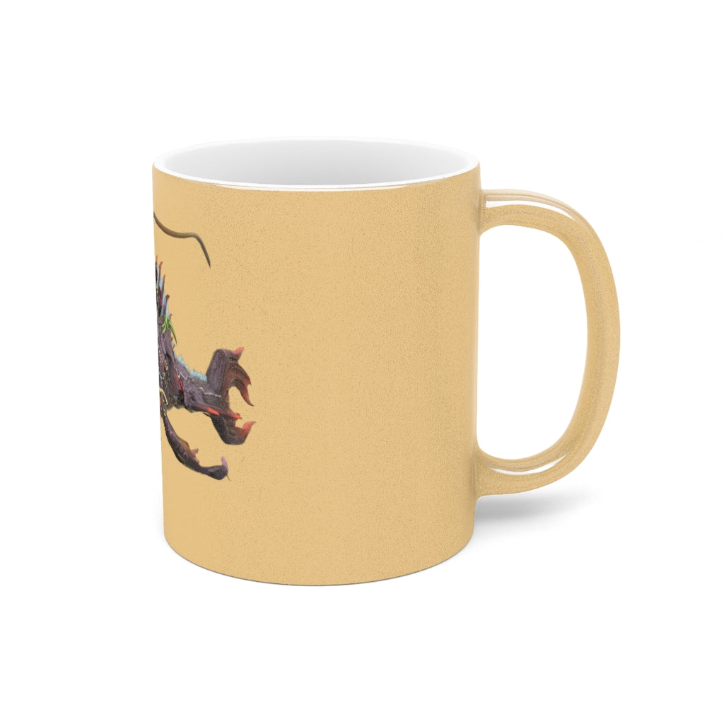 Ryuuk the Fish Dragon God Metallic Mug in Silver and Gold, showcasing a personalized design with a C-handle.