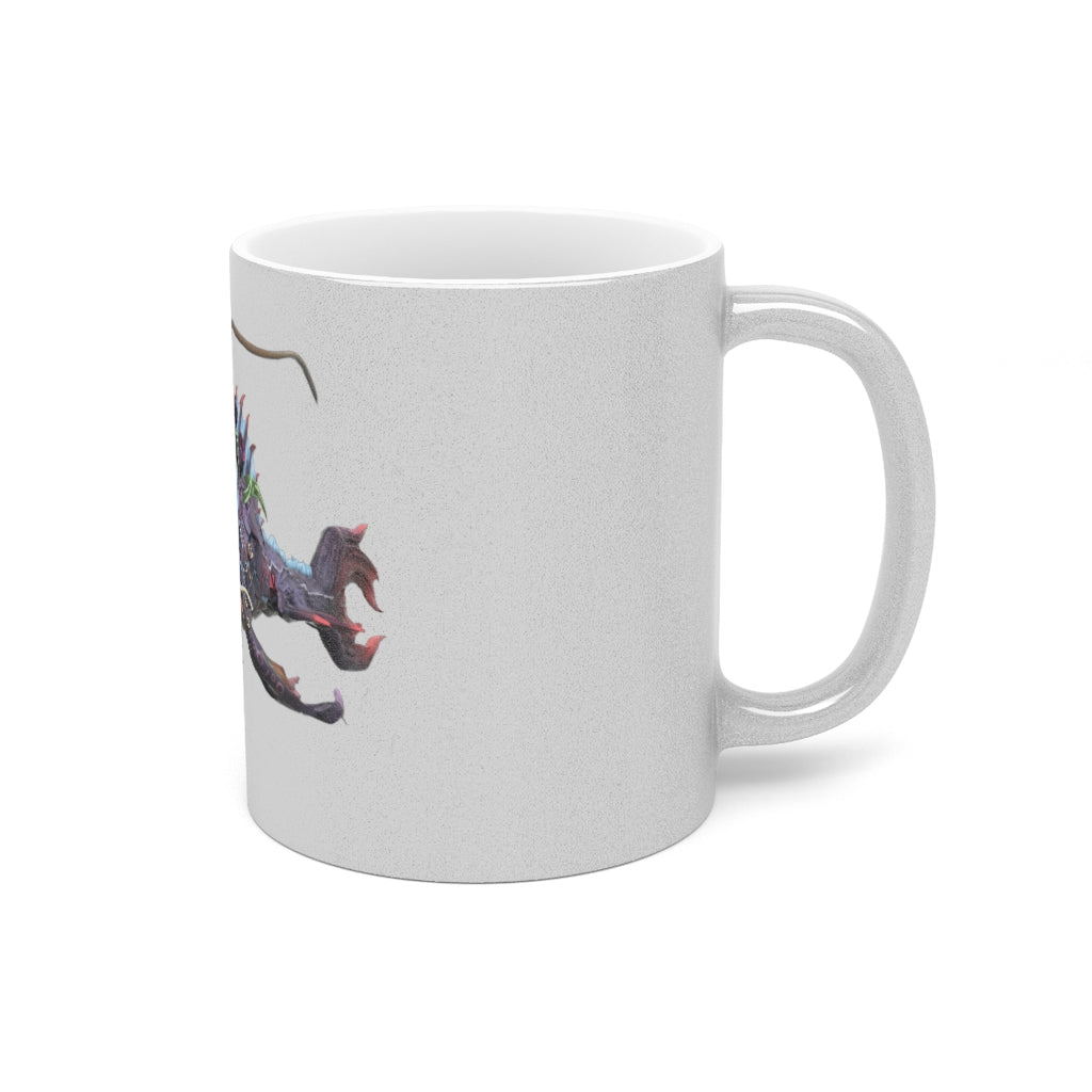 Ryuuk the Fish Dragon God Metallic Mug in Silver and Gold, showcasing a personalized design with a C-handle.