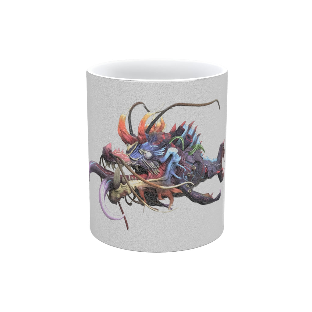 Ryuuk the Fish Dragon God Metallic Mug in Silver and Gold, showcasing a personalized design with a C-handle.