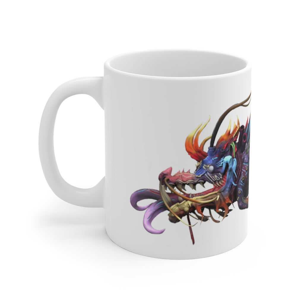 Ryuuk the Fish Dragon God Mug, 11oz, featuring a vibrant design of the mythical dragon, with a comfortable easy-grip handle.