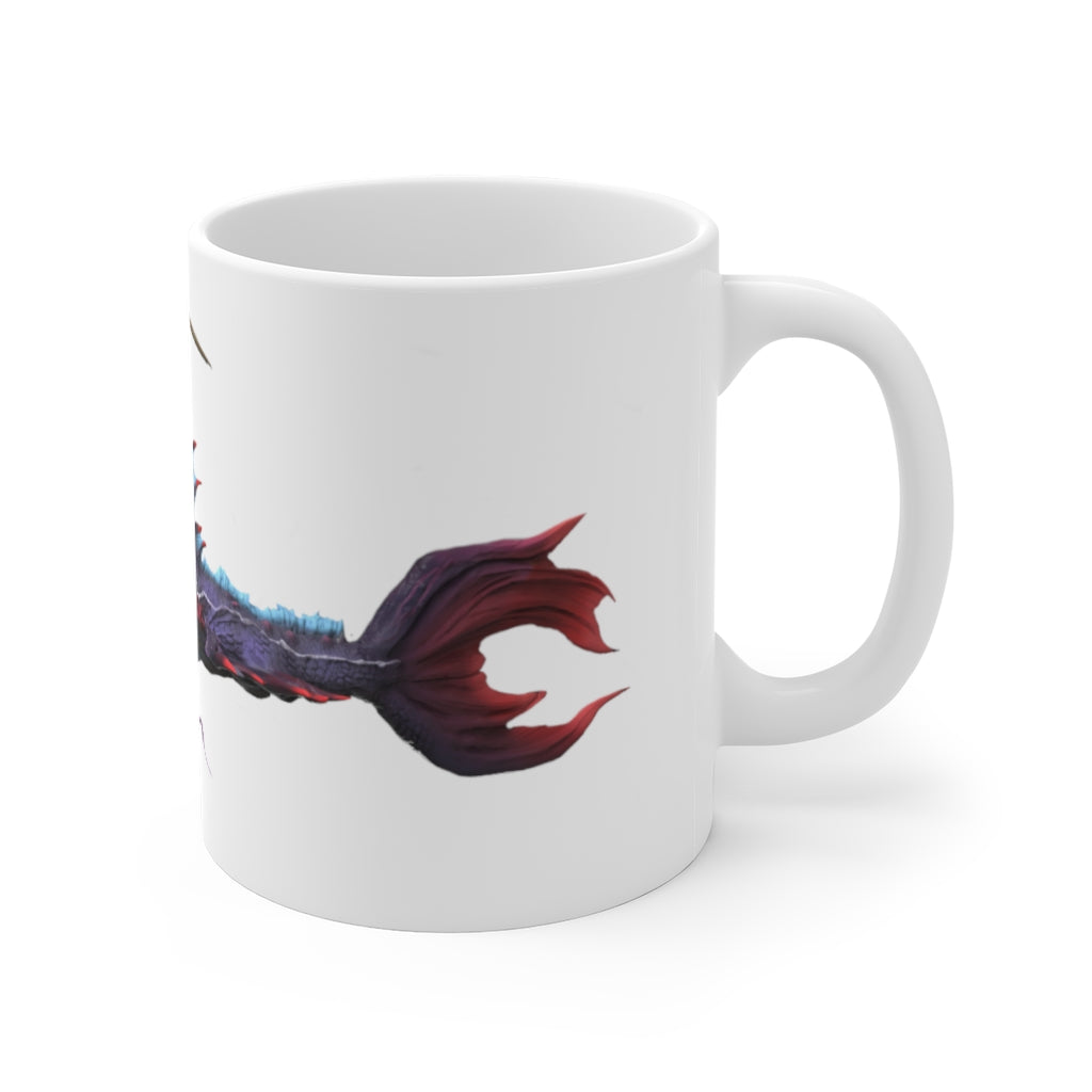 Ryuuk the Fish Dragon God Mug, 11oz, featuring a vibrant design of the mythical dragon, with a comfortable easy-grip handle.