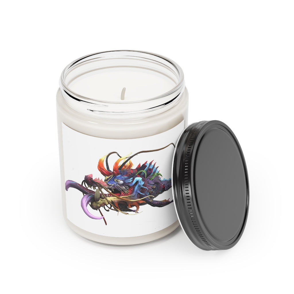 Ryuuk the Fish Dragon God Scented Candle in a glass container, featuring a warm glow and a stylish label.